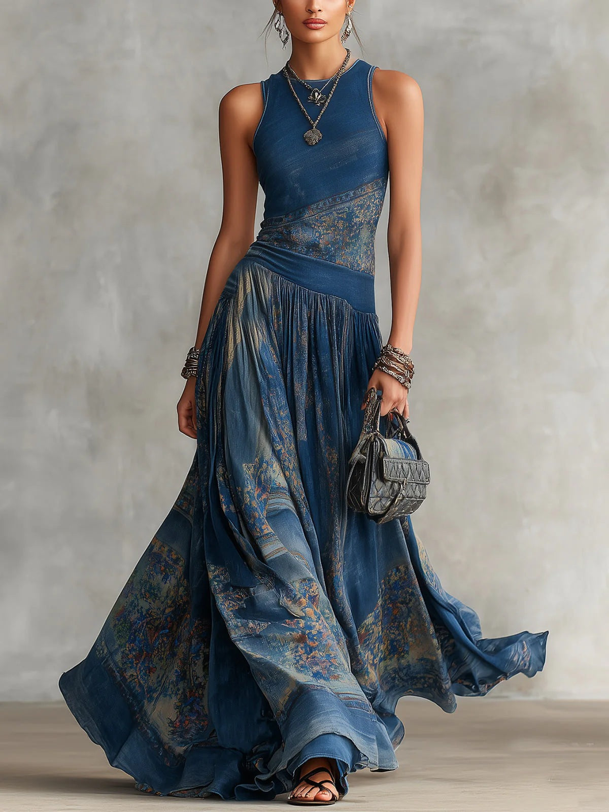 Women's Navy Blue Artistic Print Sleeveless Fitted Bodice Swing Maxi Dress