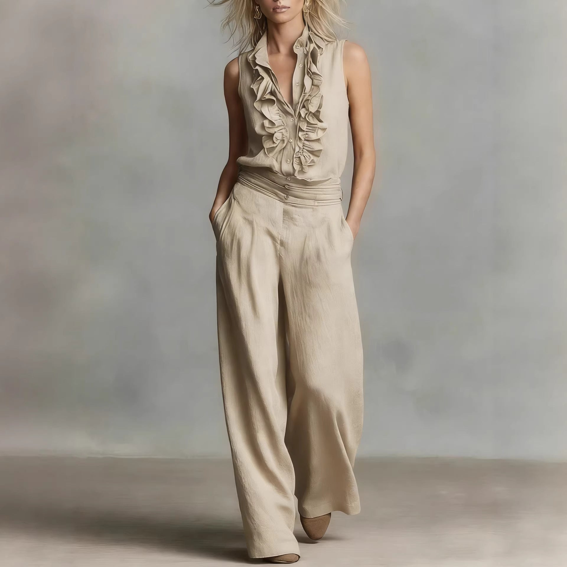 Women’s Linen Blend Two-Piece Set – Sleeveless Shirt & Wide-Leg Pants