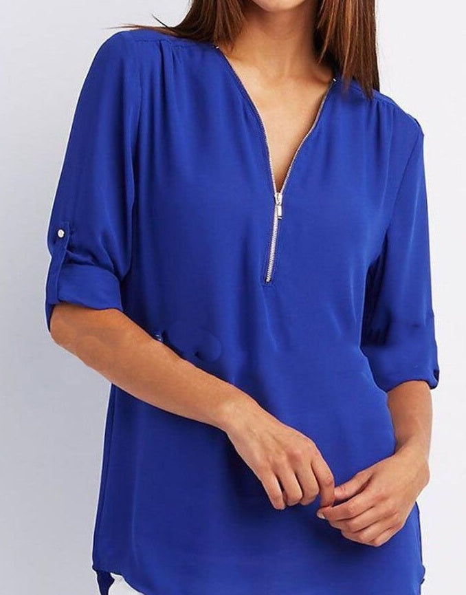 Women's Short-Sleeve Zip V-Neck Loose Top