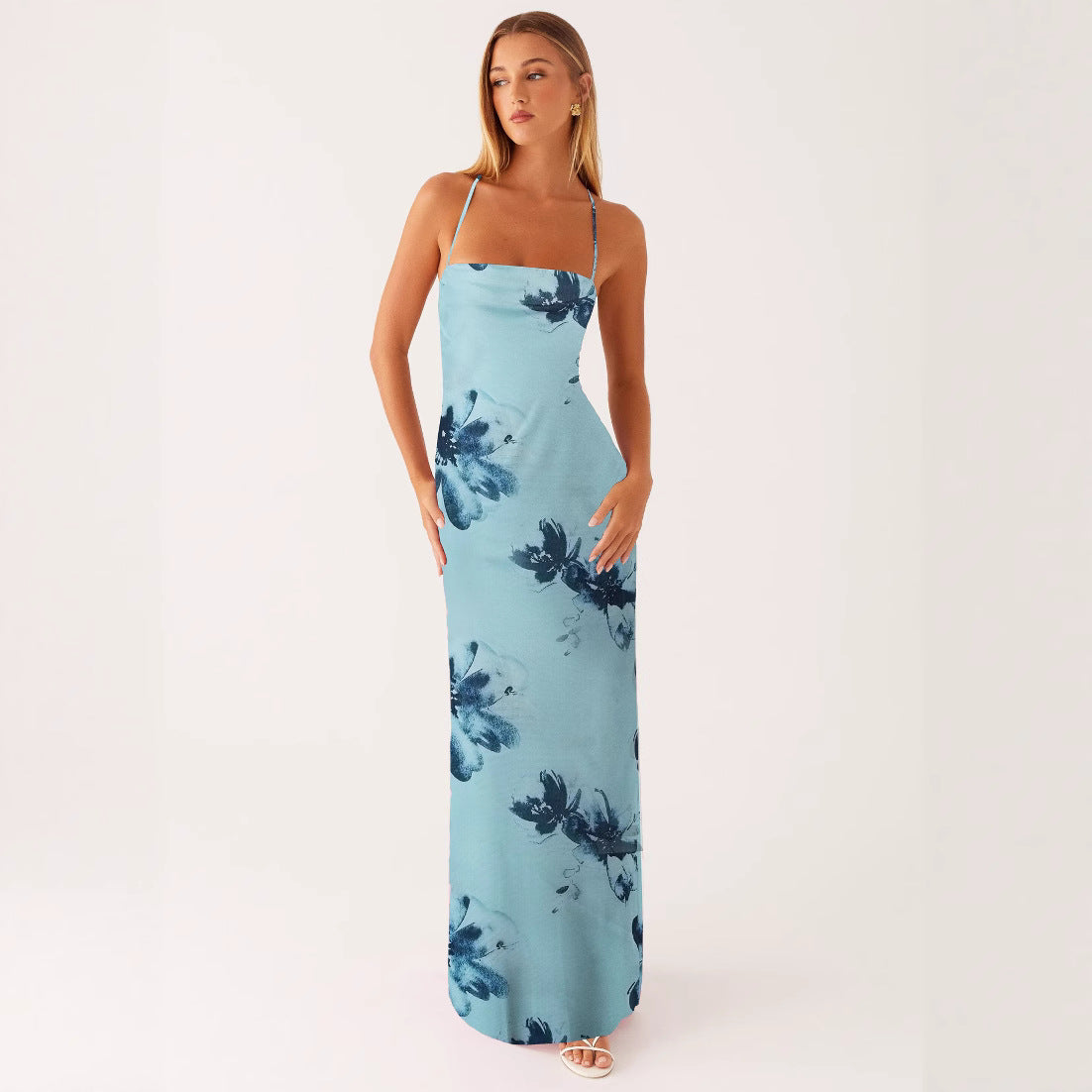 Printed Sleeveless Strap Bodycon Maxi Dress | High Waist