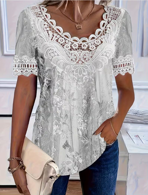 Women's Lace Patchwork Crew Neck Short Sleeve T-Shirt