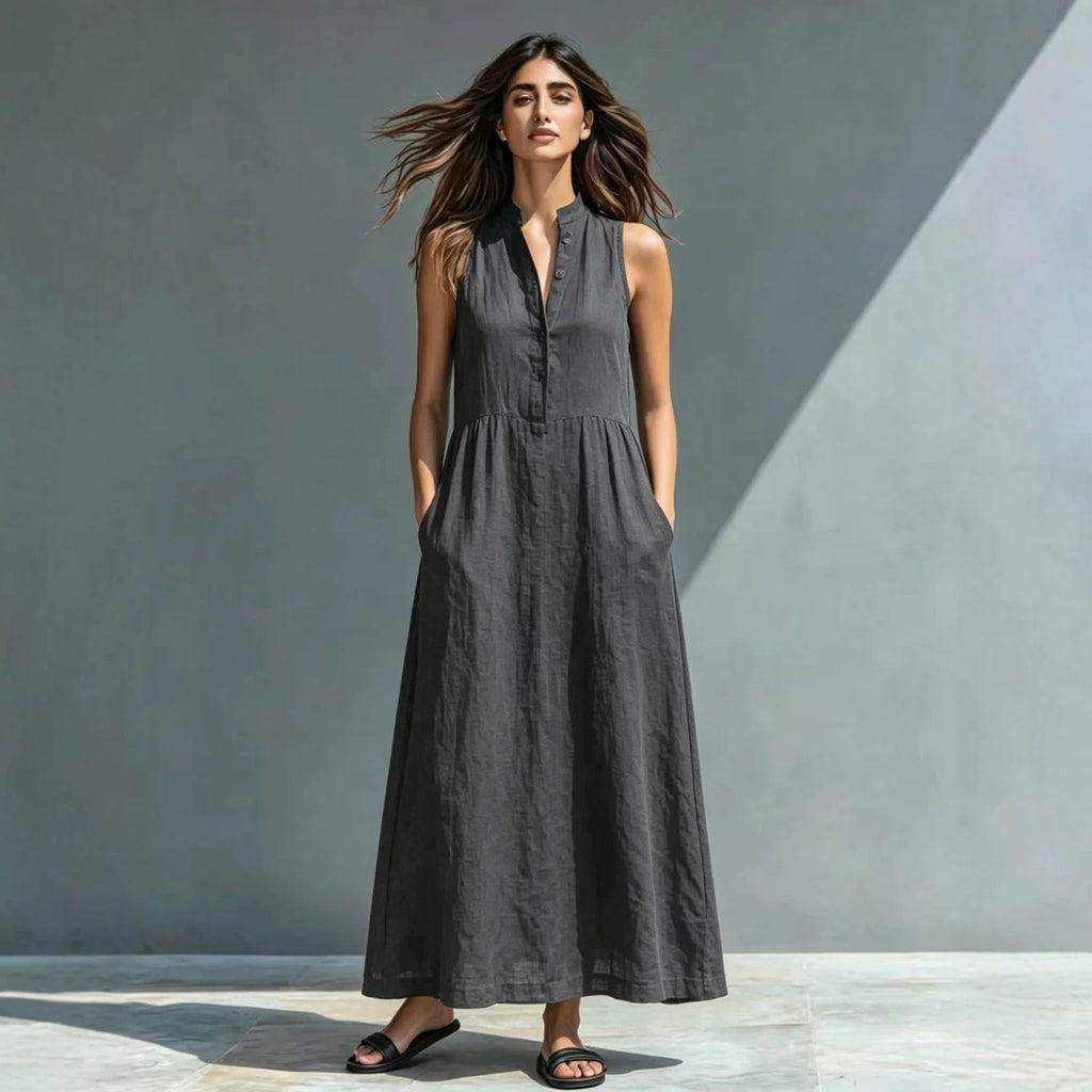 Women's Stand-Collar A-Line Maxi Dress – Resort & Vacation Style