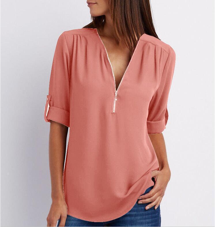 Women's Short-Sleeve Zip V-Neck Loose Top
