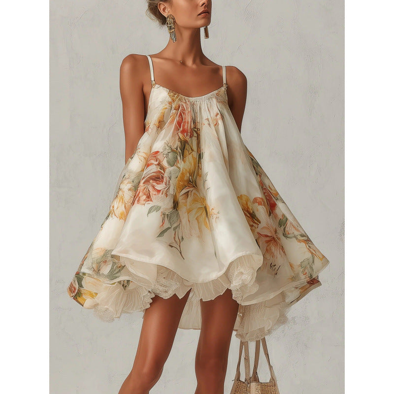 Women's Floral Print Spaghetti Strap Ruffle Neck Layered Lace Hem Mini Dress