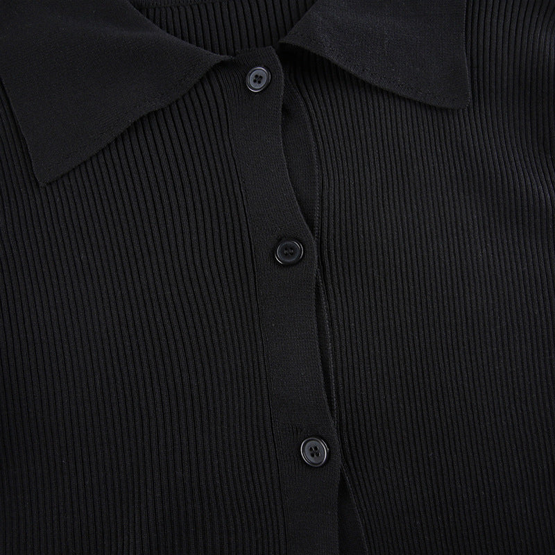 Women's V-Neck Ribbed Knit Button Cardigan Top – Black