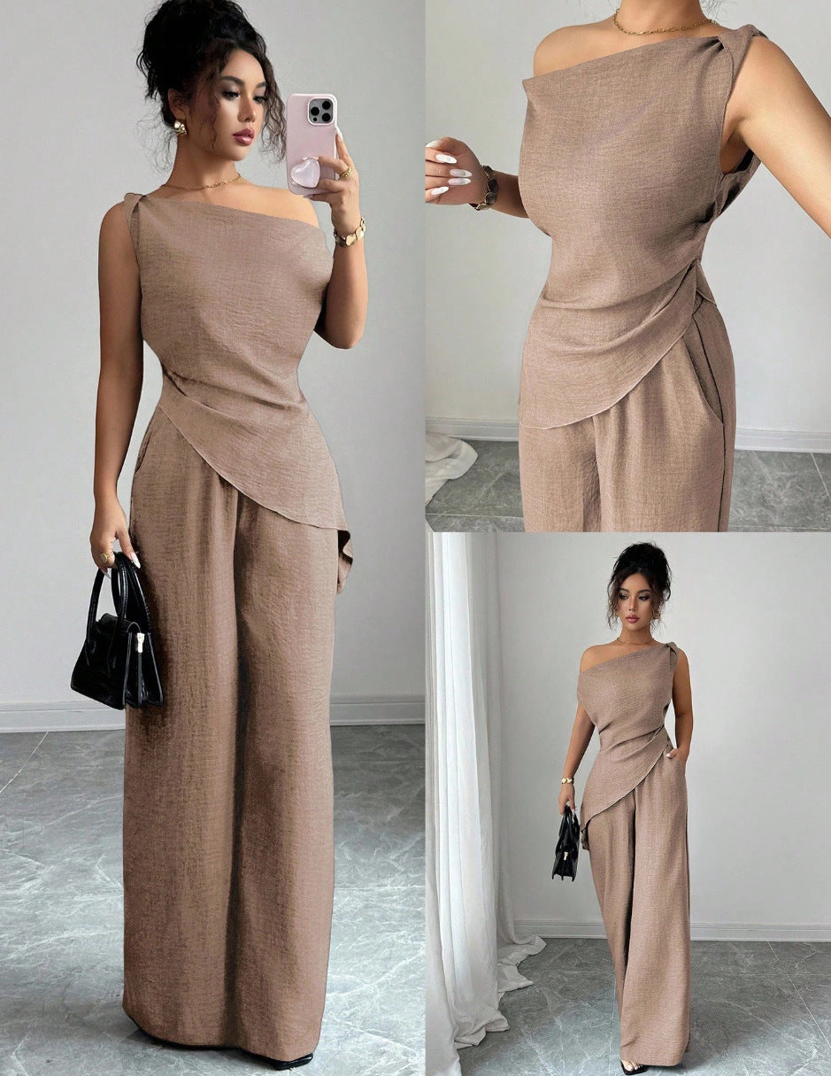 One-Shoulder Asymmetric Top & Wide-Leg Pants 2-Piece Set – Women's Elegant Co-ord Suit