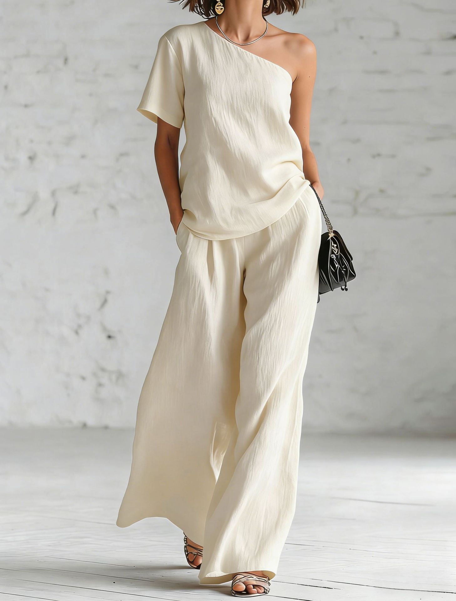 Women's Wide-Leg Pants & Top Set – 2-Piece Three-Quarter Sleeve Outfit