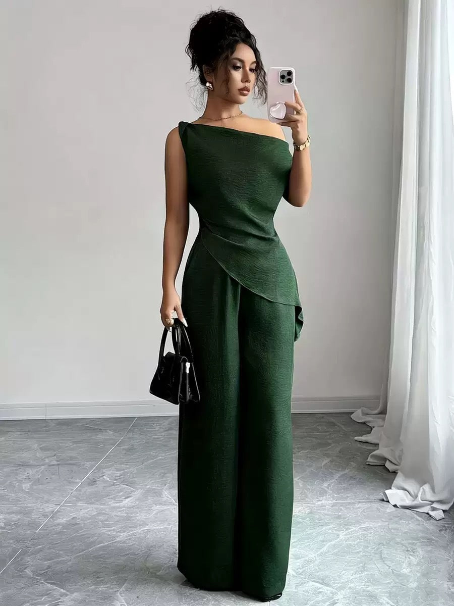 One-Shoulder Asymmetric Top & Wide-Leg Pants 2-Piece Set – Women's Elegant Co-ord Suit