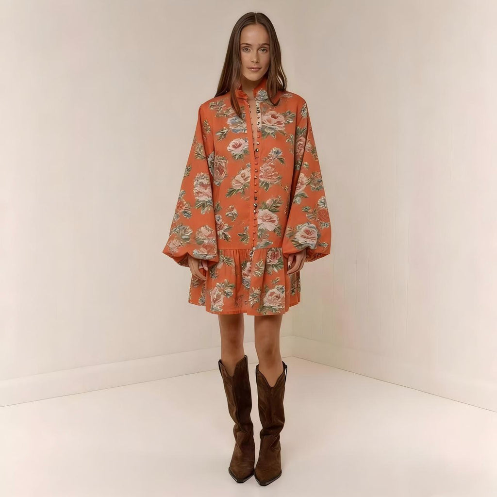 Digital Print Lantern Sleeve Linen Midi Dress – Loose Fit Pullover