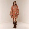 Digital Print Lantern Sleeve Linen Midi Dress – Loose Fit Pullover