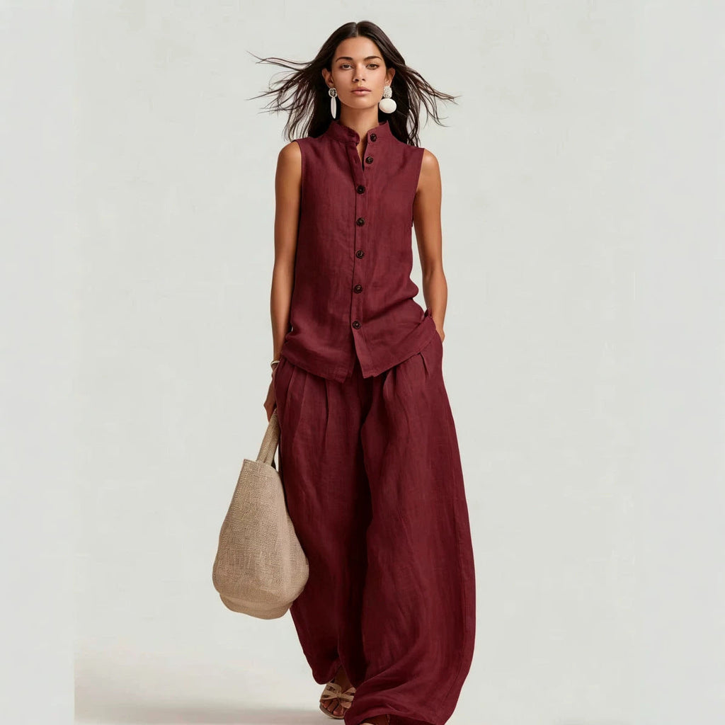 Women's Stand Collar Sleeveless Top & High-Waist Wide-Leg Pants Set