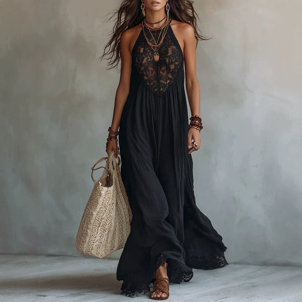Women's Black Lace Trim Sleeveless Loose Maxi Dress