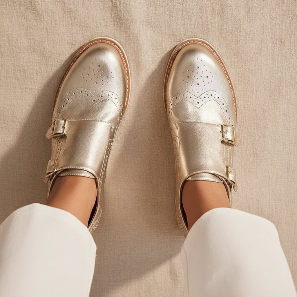 Women's Gold Metallic Brogue Monk Strap Loafers – Double Buckle