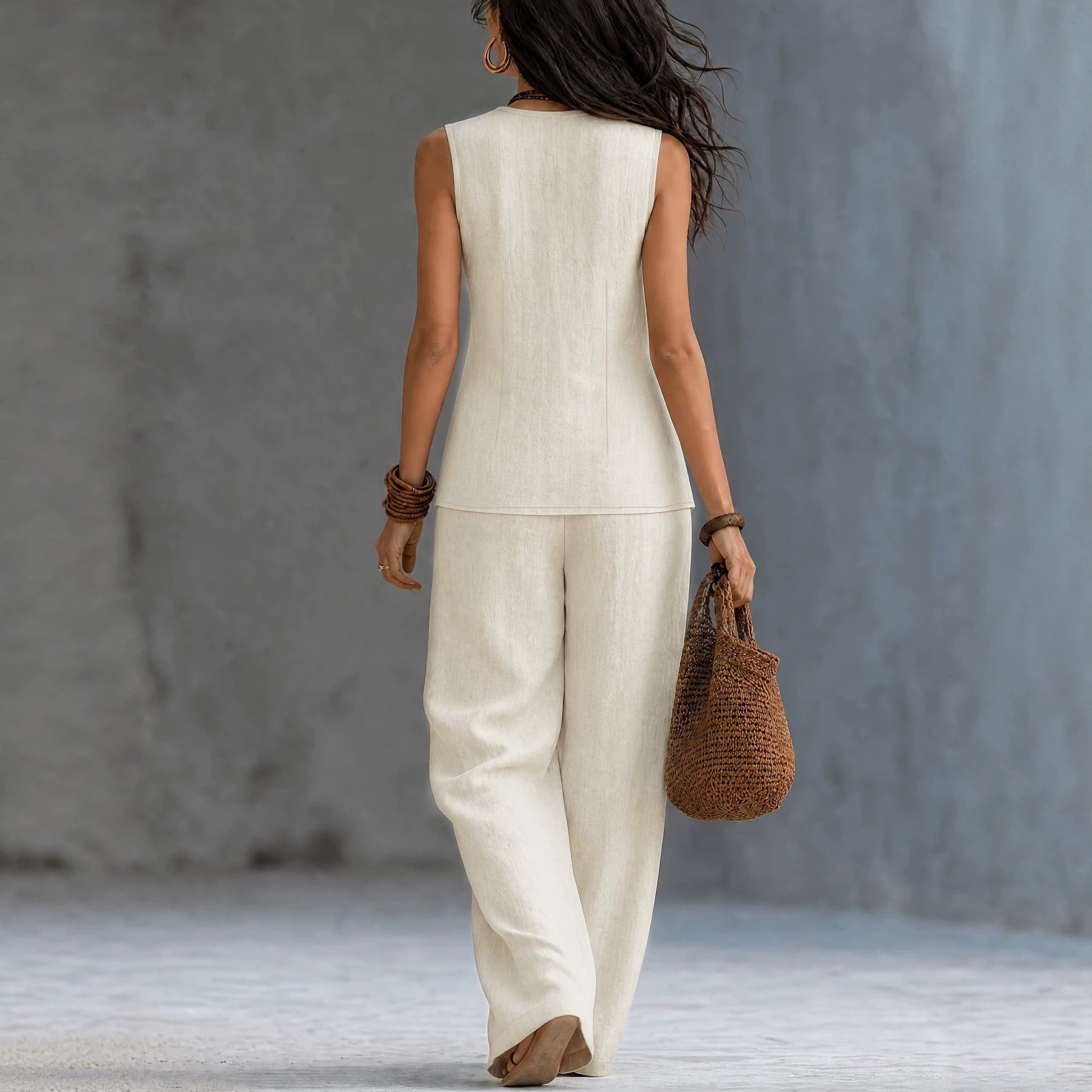 V-Neck Sleeveless Waist-Cinched Top & Wide Leg Pants Two-Piece Set