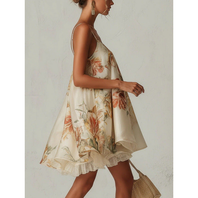 Women's Floral Print Spaghetti Strap Ruffle Neck Layered Lace Hem Mini Dress