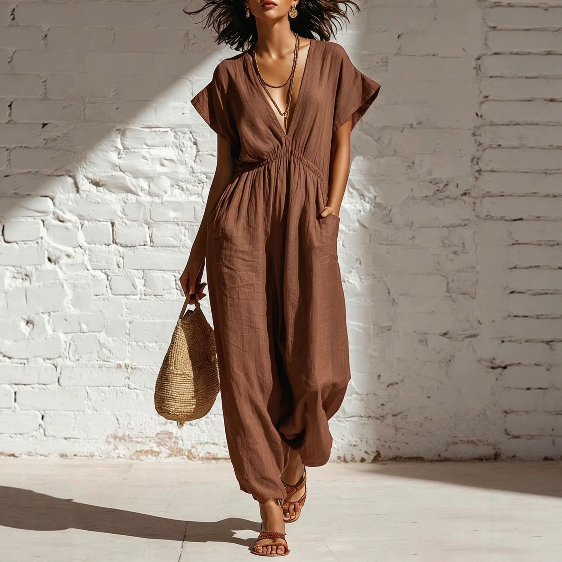 Women's Deep V-Neck Three-Quarter Sleeve High Waist Wide Leg Pants