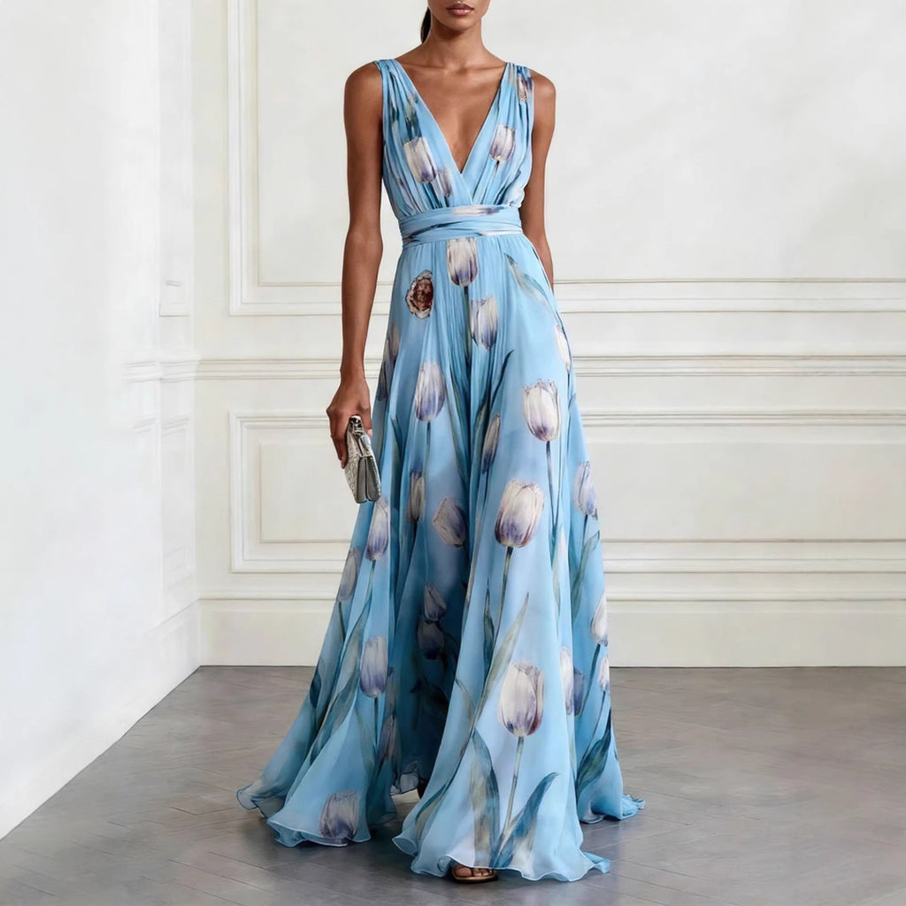 Tulip Print V-Neck Sleeveless Maxi Dress – Floral Chiffon