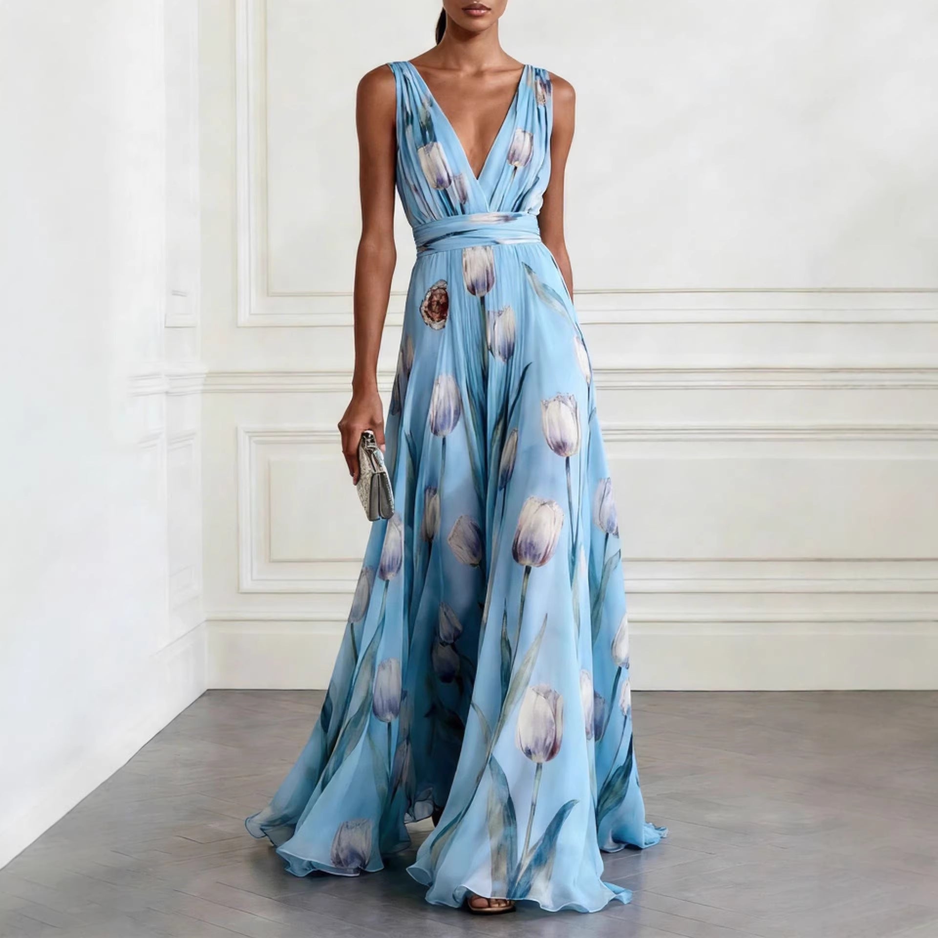 Tulip Print V-Neck Sleeveless Maxi Dress – Floral Chiffon