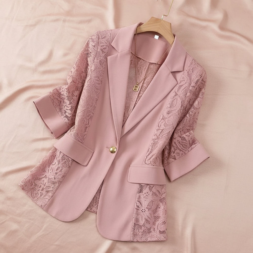 Women's Lace Patchwork Blazer | Three-Quarter Sleeve One-Button Suit Jacket in White & Black