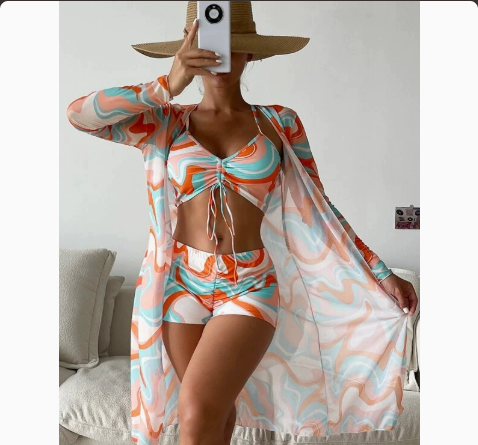 Mesh Cover-Up Three-Piece Swimwear Set – Bikini with Leg-Length Briefs