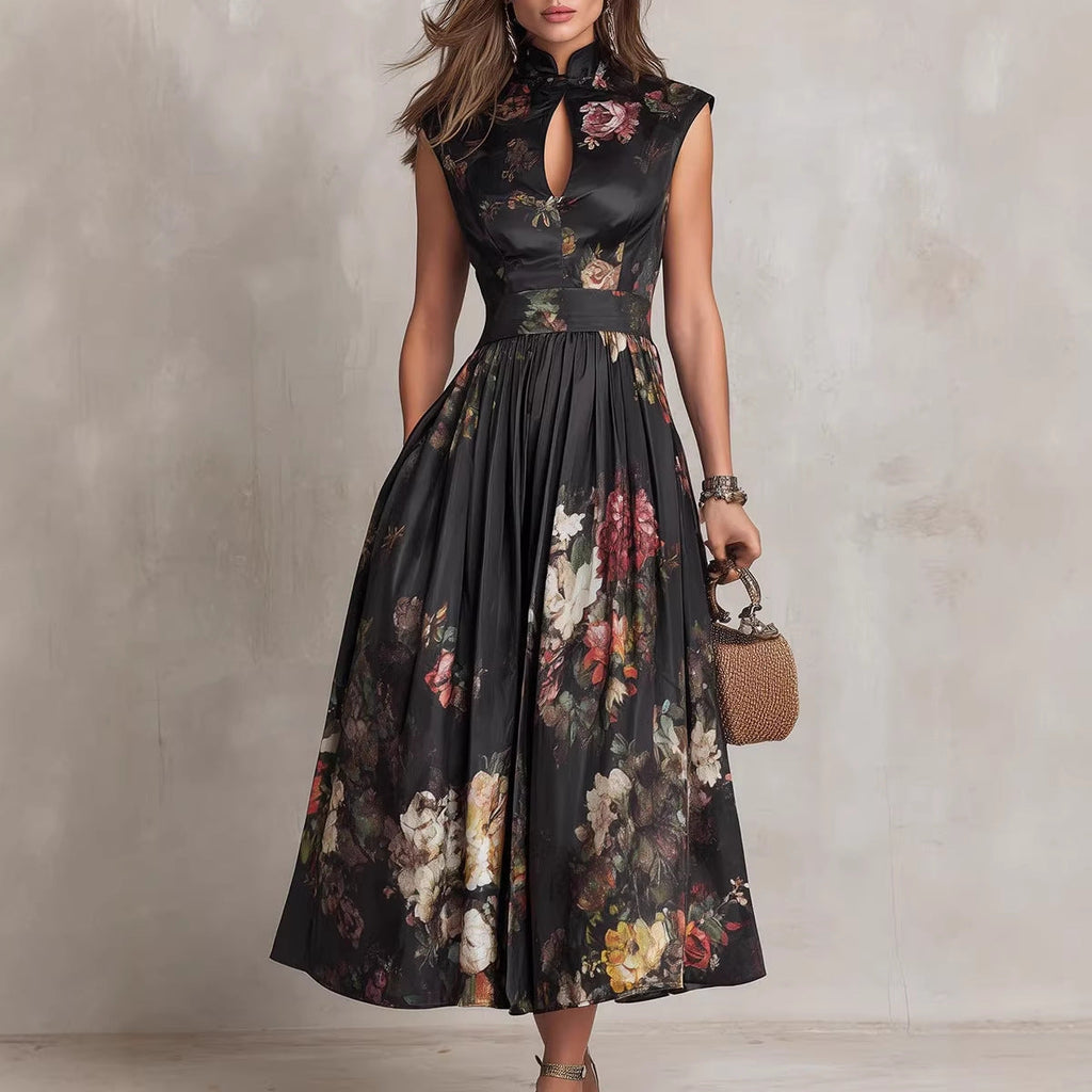 Black Digital Floral Print High-Waist Maxi Dress – Sleeveless Irregular Hem Long Dress