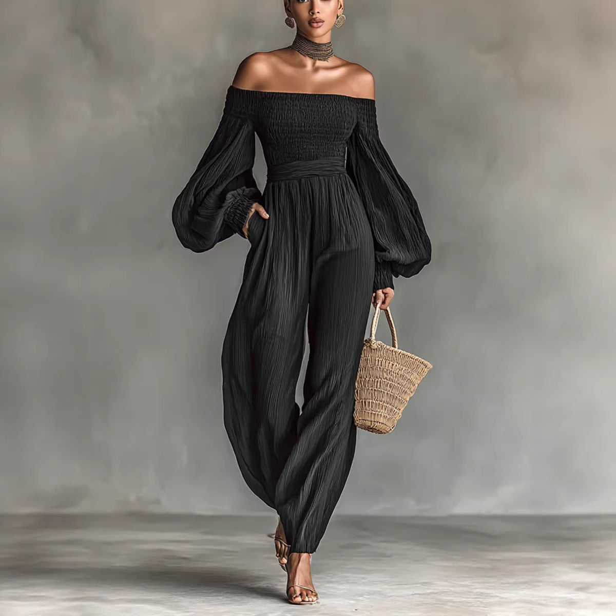Women's Off-Shoulder Lantern Sleeve Pleated Loose Jumpsuit