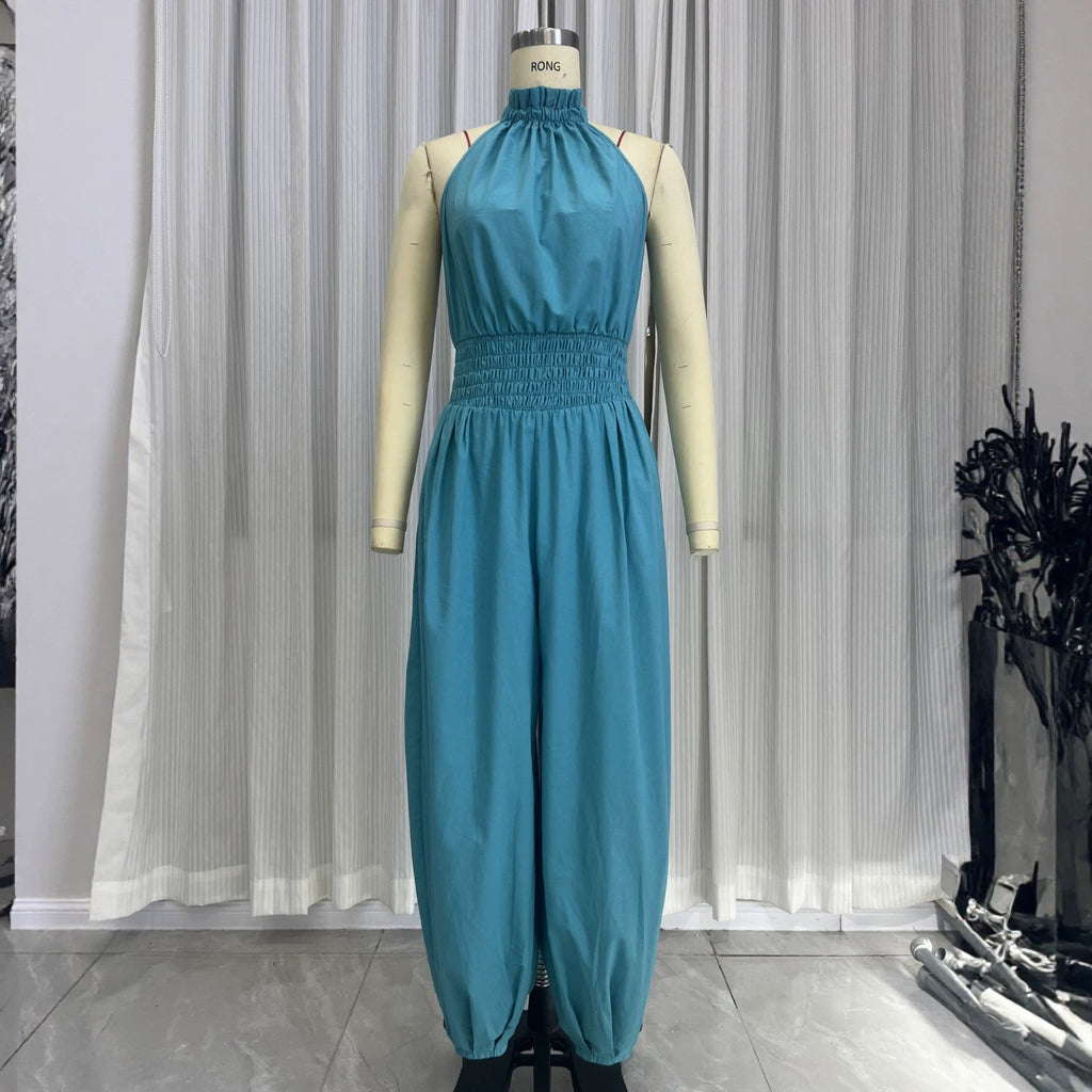 Women's Sleeveless Halter Neck High Waist Lantern Pants Jumpsuit – Teal Green Casual