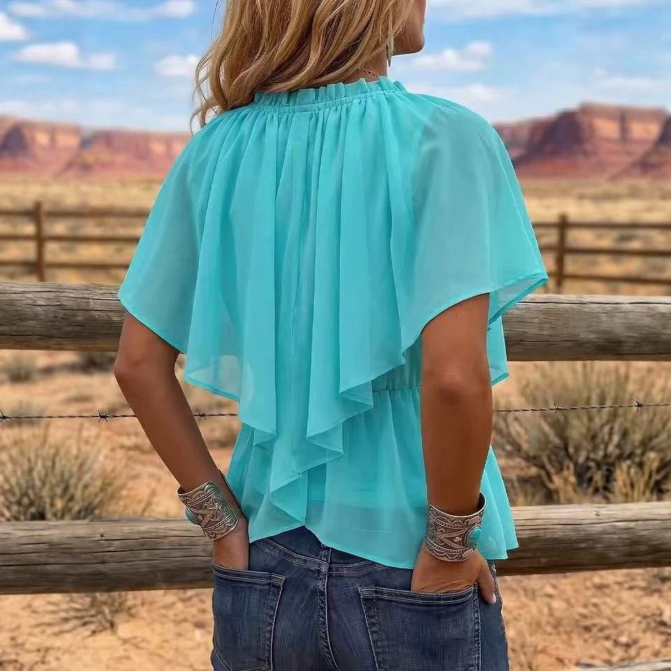 Women's Cross V-Neck Pleated Ruffle Flare Sleeve Chiffon Blouse