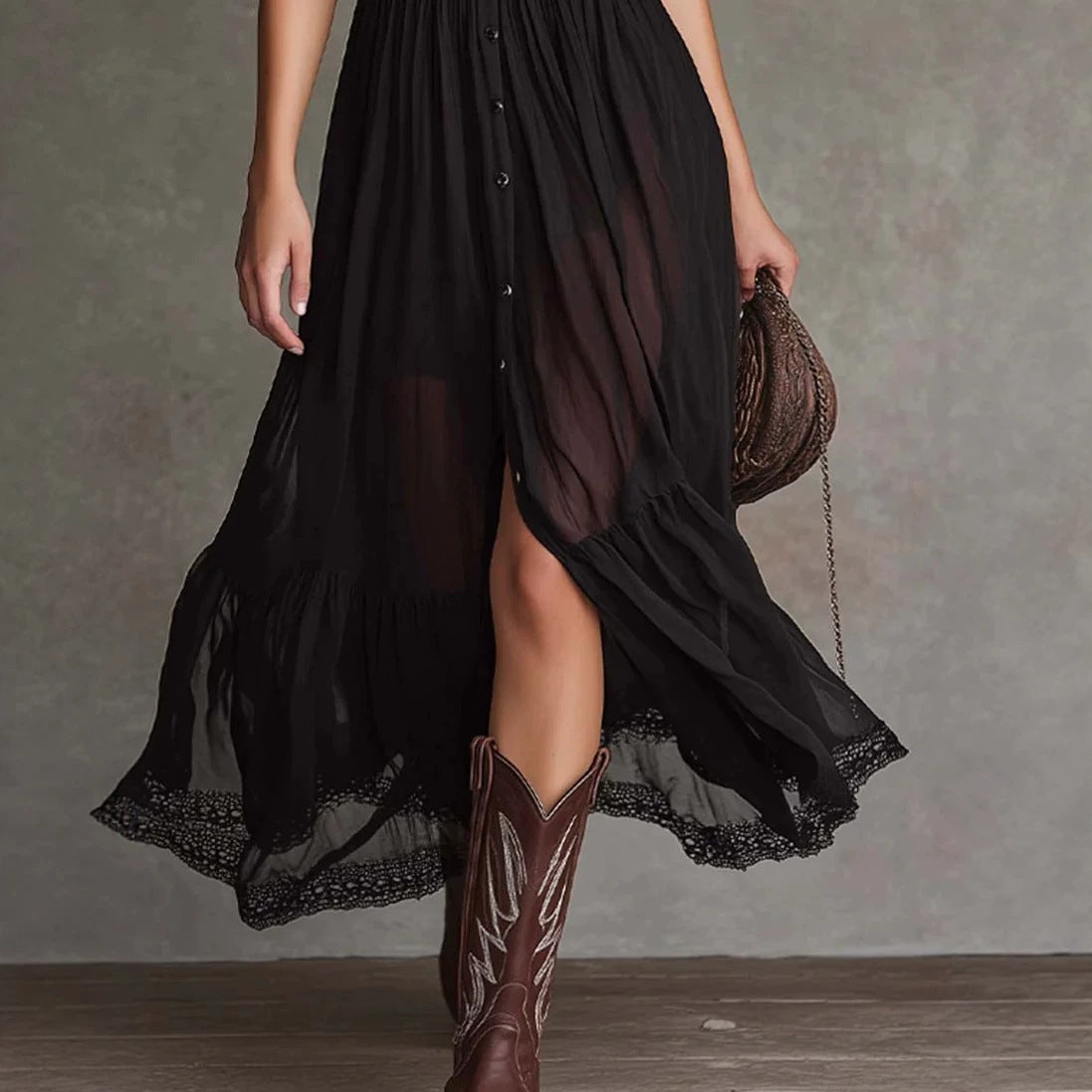 Women's Short Sleeve Bodycon Maxi Dress | Ruffled Hem Side Slit Dark Chic Dress in Black