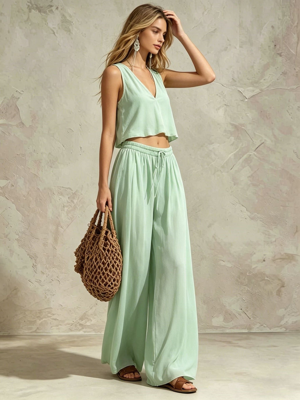 Women's V-Neck Sleeveless Camisole Top & Wide Leg Pants Set