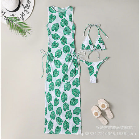 Women's Solid Color Three-Piece Bikini Set with Maxi Dress Cover-Up