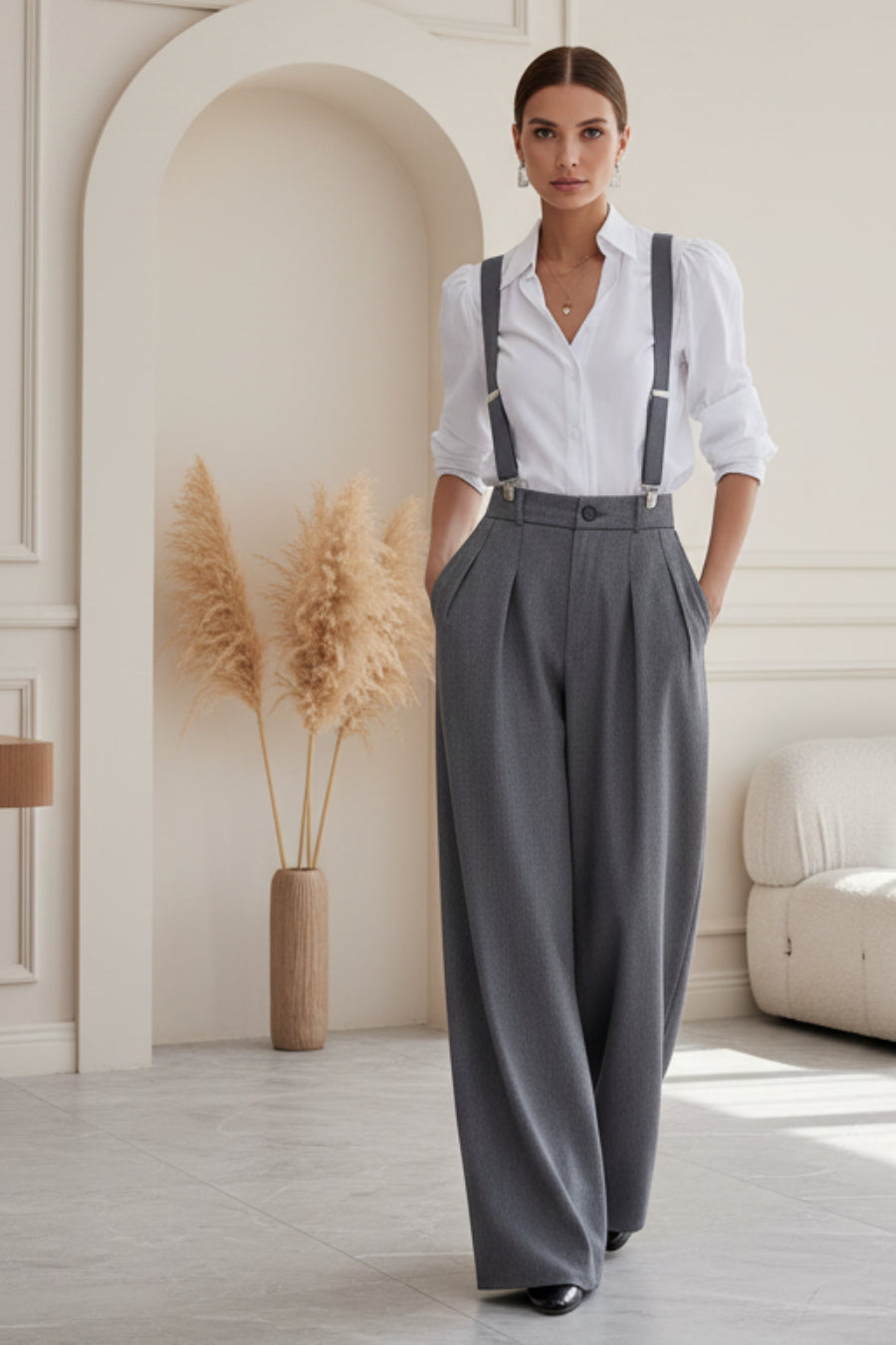 Women's High Waist Wide Leg Pants with Detachable Shoulder Straps & Pockets