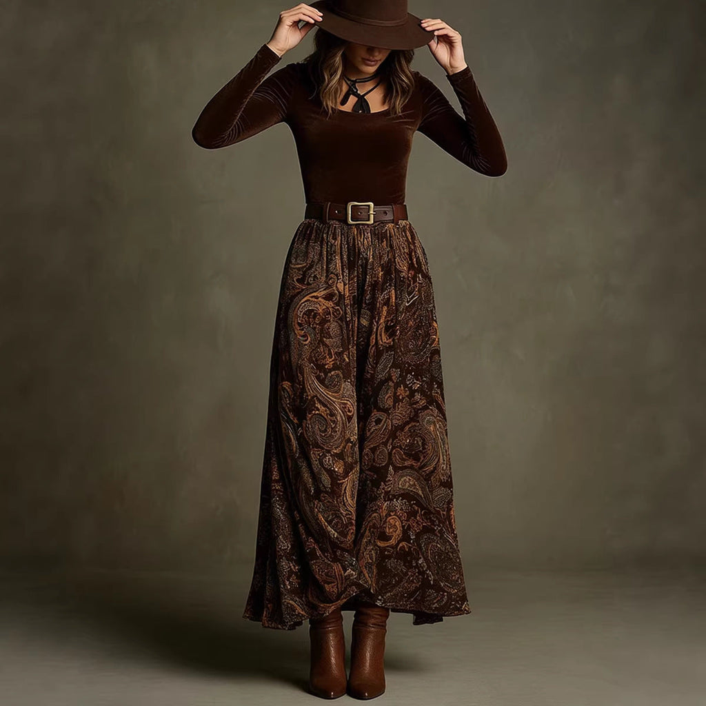 Women's Floral Print Long Sleeve Skirt Set with Belt – Caramel