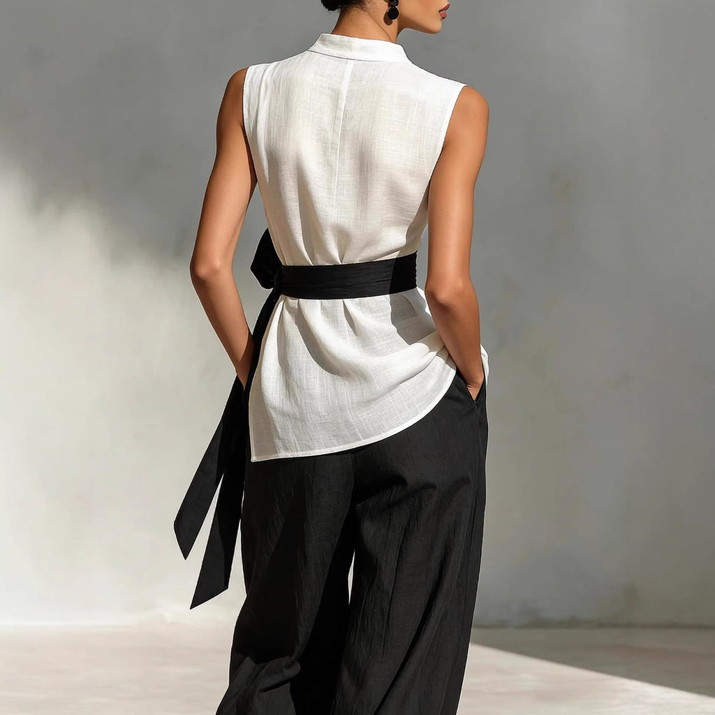 Women's Lace-Up Sleeveless Top & Wide-Leg Pants Two-Piece Set – White