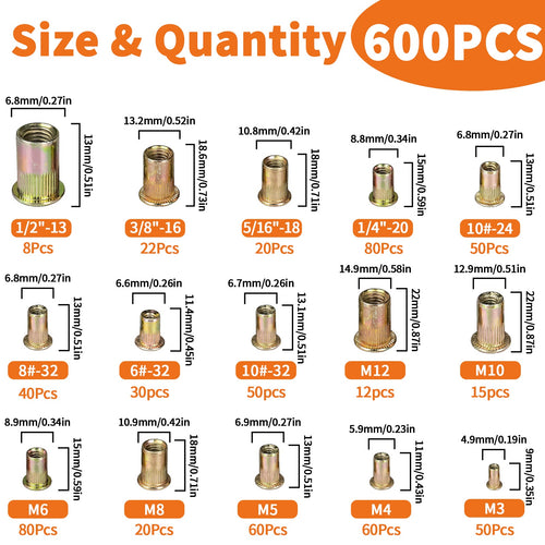 600-Piece Colored Zinc Rivet Nut Set – Metric & Imperial
