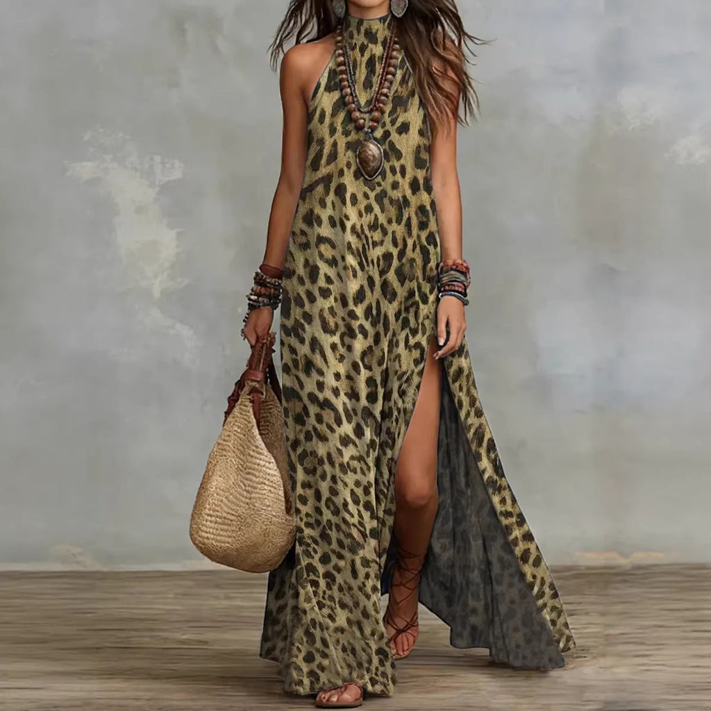 Women's Printed Scarf-Style Maxi Dress – Sleeveless, Split, Loose Boho