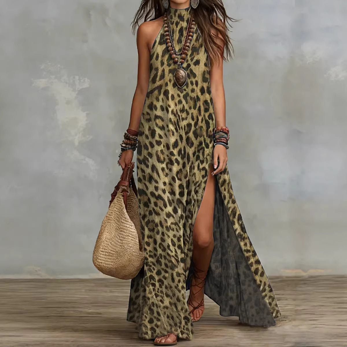 Women's Printed Scarf-Style Maxi Dress – Sleeveless, Split, Loose Boho