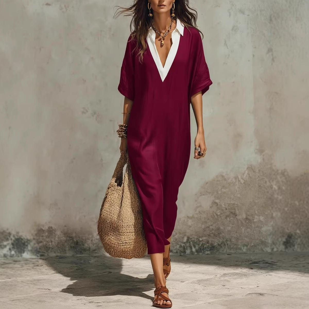 Women's V-Neck Loose Cropped-Sleeve Linen Midi Dress with Pockets