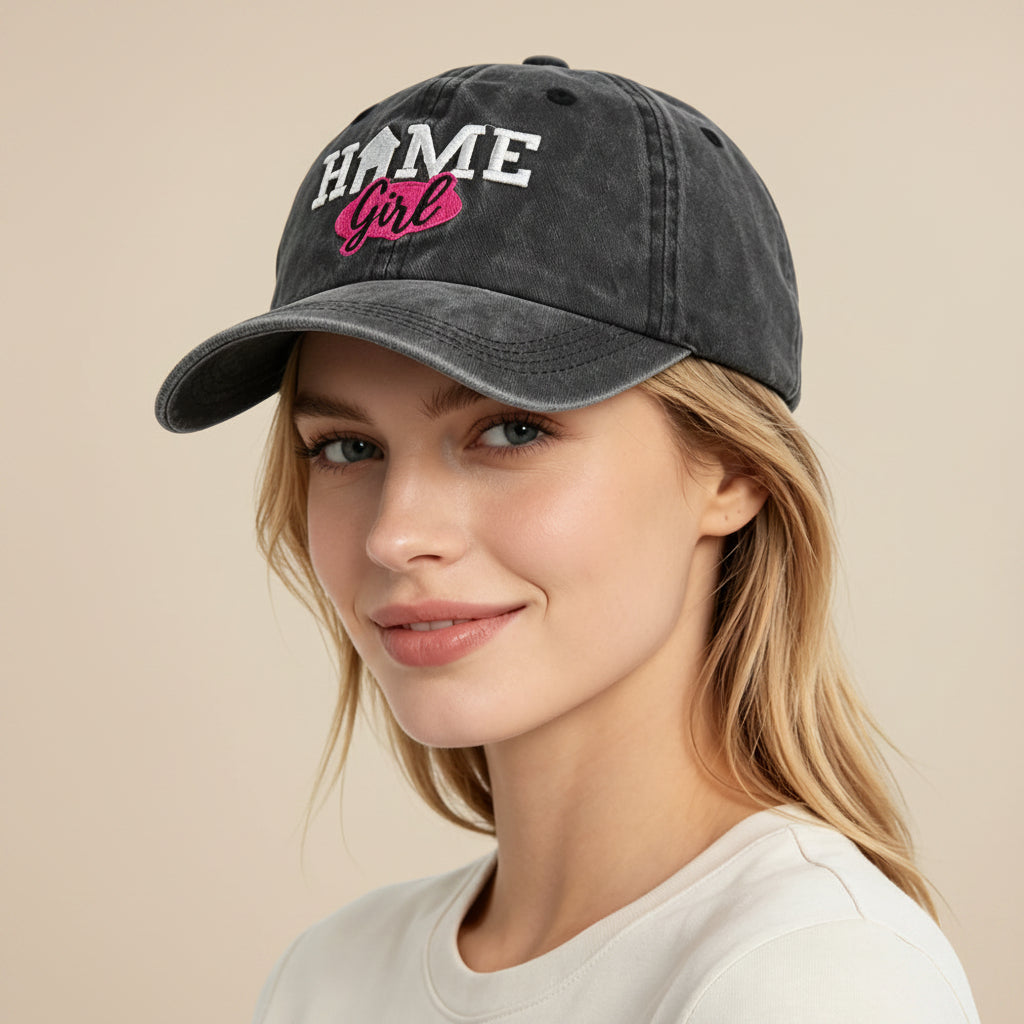 Vintage Washed Baseball Cap – "HOME Girl" Embroidered Distressed Trucker Hat