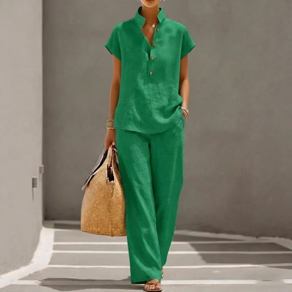 Cardigan & Short Sleeve Top + Pants Three-Piece Set – Solid Color Casual Lounge