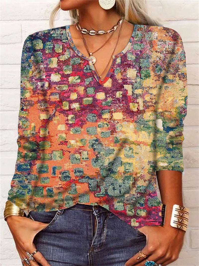 Women's Ethnic Print V-Neck Long Sleeve Loose T-Shirt