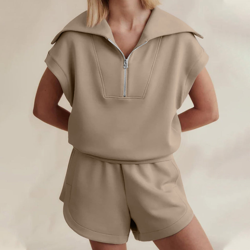 Half-Zip Lapel Sweatshirt & Shorts Two-Piece Set | 6 Colors
