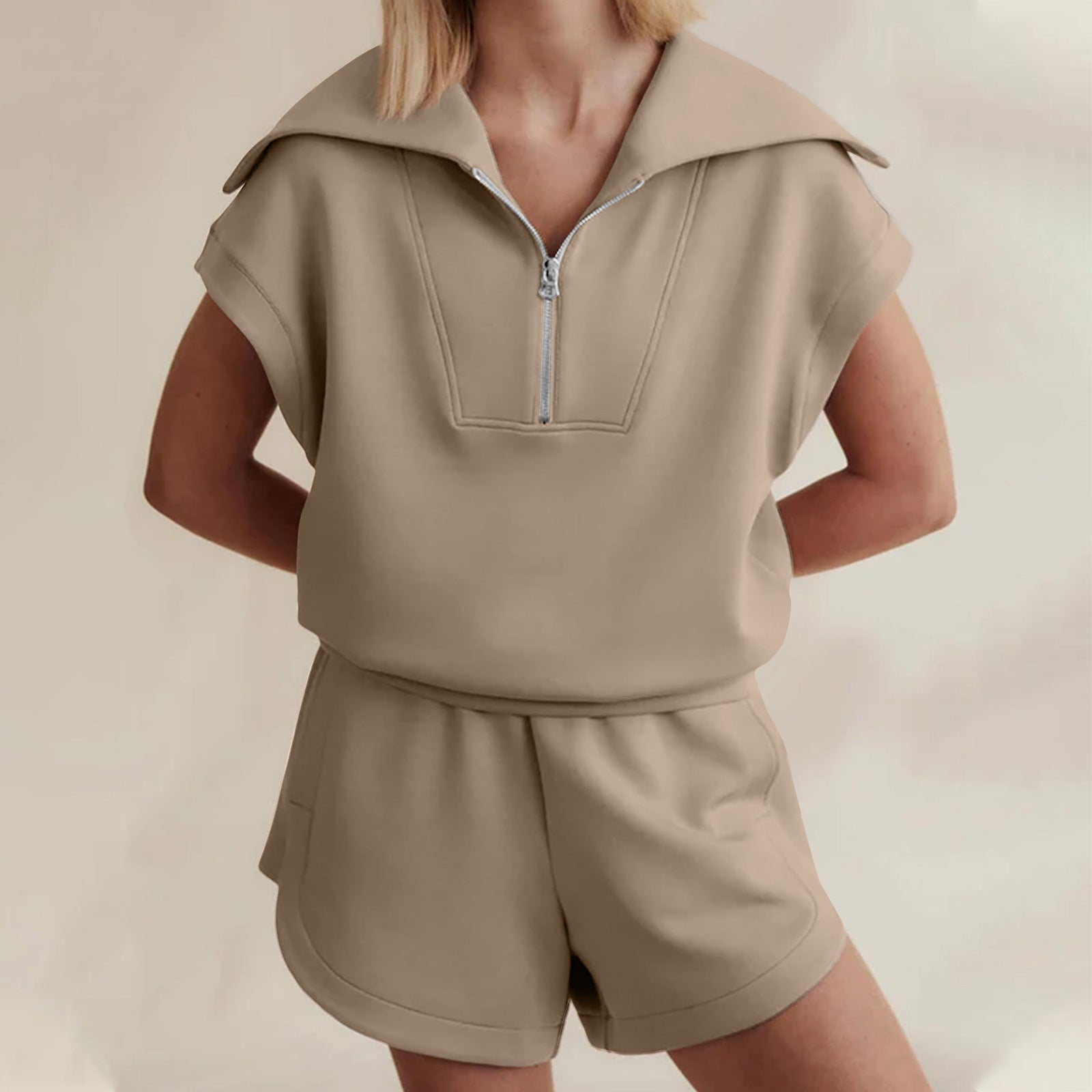 Half-Zip Lapel Sweatshirt & Shorts Two-Piece Set | 6 Colors