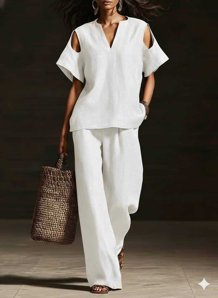 V-Neck Short Sleeve Top & Straight-Leg Pants Set – Ripped Detail, Pockets, Solid Color