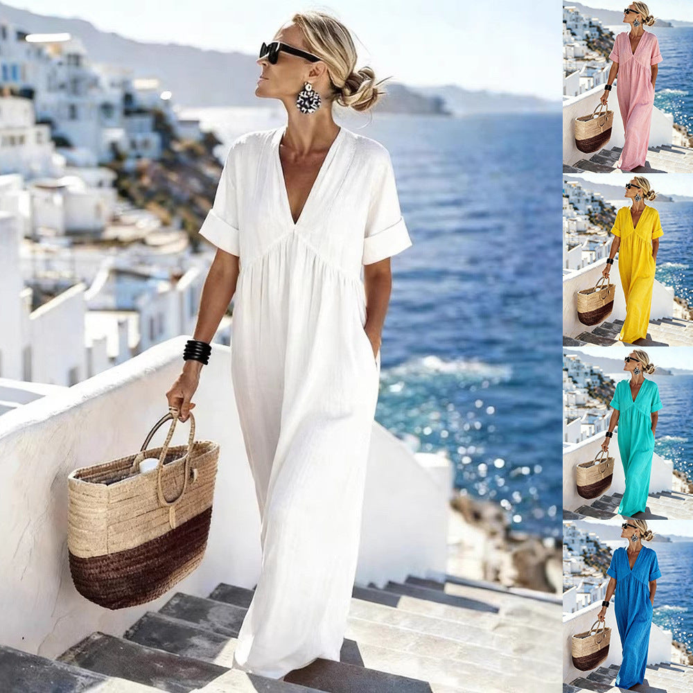 V-Neck Short-Sleeve High Waist Maxi Dress | Resort Style