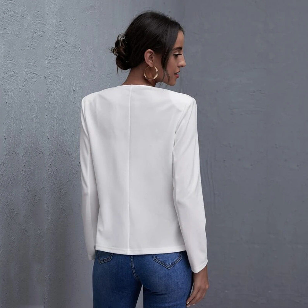 White Open-Front Cropped Blazer – Women's Plus Size Collarless Long Sleeve Jacket