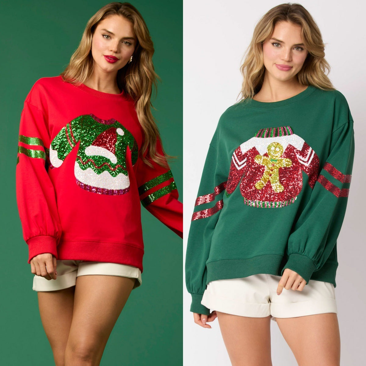 Women’s Christmas Sequined Round Neck Casual Sweatshirt