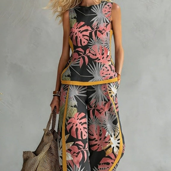Printed Retro Sleeveless Top & Wide-Leg Pants Set | 12 Prints S–5XL