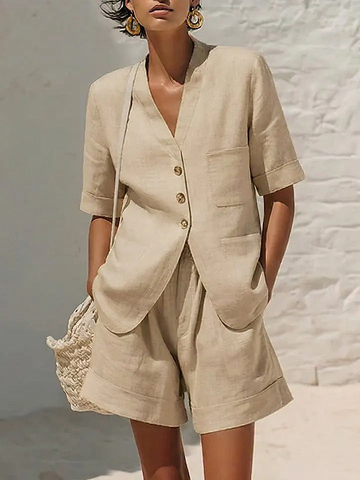 Women's Cotton-Linen Loose-Fit T-Shirt & Cropped Shorts Two-Piece Set