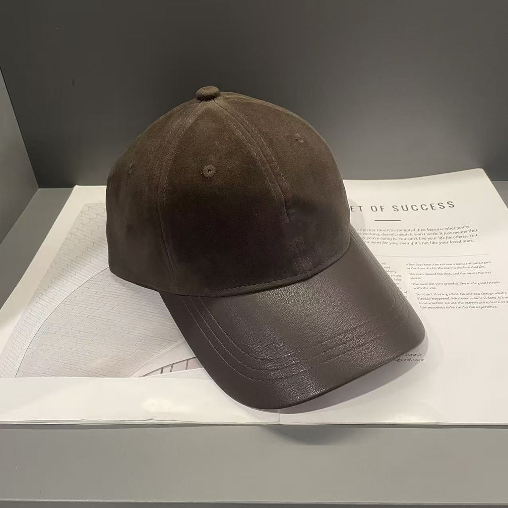 Women's Retro Suede Patchwork Baseball Cap – Leather Brim Dome Crown